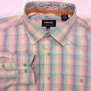 Cotton Reel Mens Button Up Shirt XL Multicolor Plaid Floral Collar